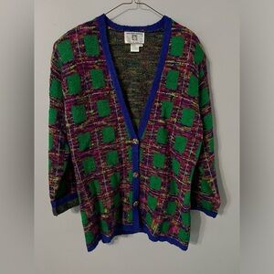 Vintage Anne Klein Knitwear Sadi Mara Green Pink Plaid V-Neck Cardigan Sweater
